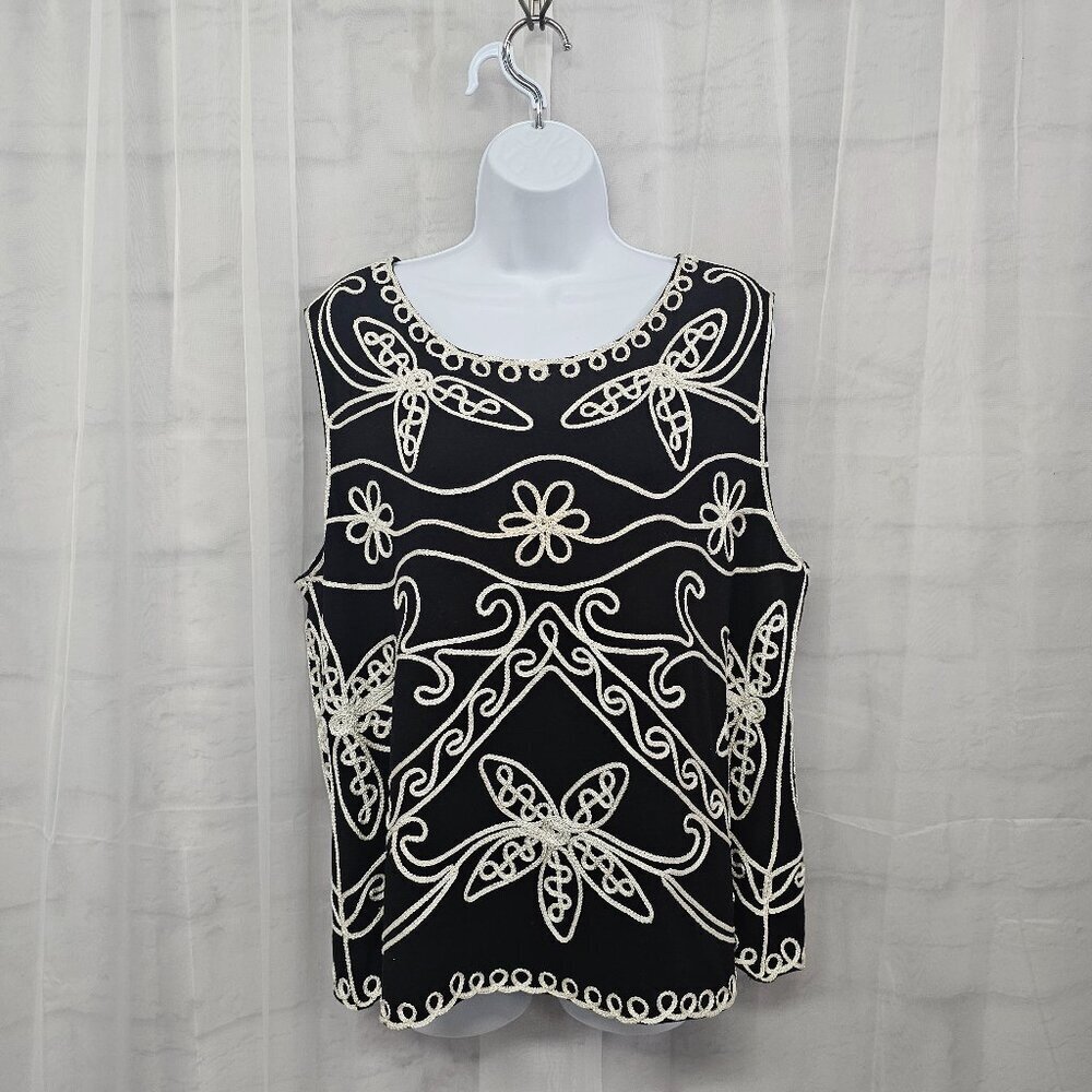 Saint Tropez West Tank Black White Embroidered Boho Metallic 1X